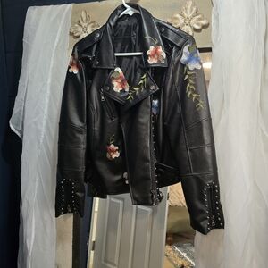 Floral Embroidered Black Leather Jacket
